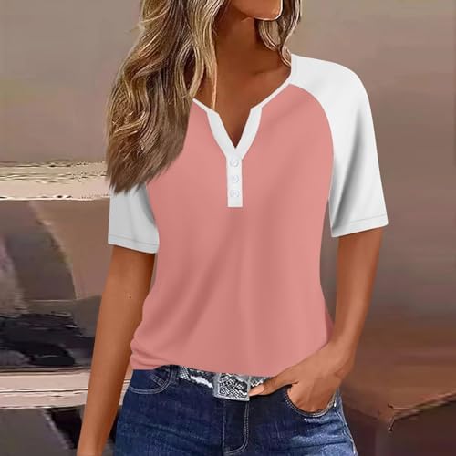 41ssv31a3wl. ac .jpg Sommer Bequeme Damen Kurzärmel V-Ausschnitt Knopf T-Shirts Lässiges Elegant Farbverlaufs Print Business Tops | Damen Ku
