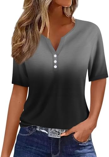 41ssi onjl. ac .jpg Sommer Bequeme Damen Kurzärmel V-Ausschnitt Knopf T-Shirts Lässiges Elegant Farbverlaufs Print Business Tops | Damen Ku