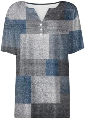 41t i8o0xyl. ac .jpg Sommer Bequeme Damen Kurzärmel V-Ausschnitt Knopf T-Shirts Lässiges Elegant Farbverlaufs Print Business Tops | Damen Ku
