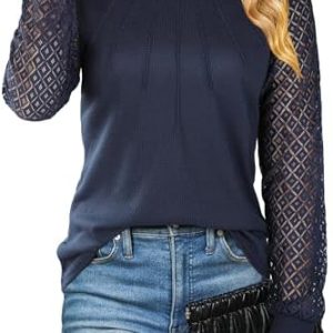 Damen Langarmshirt Elegant Mit Spitze Herbst T-Shirt OEKO-TEX STANDARD 100 | Damen Long Sleeve Waffelstrick Top Plissie