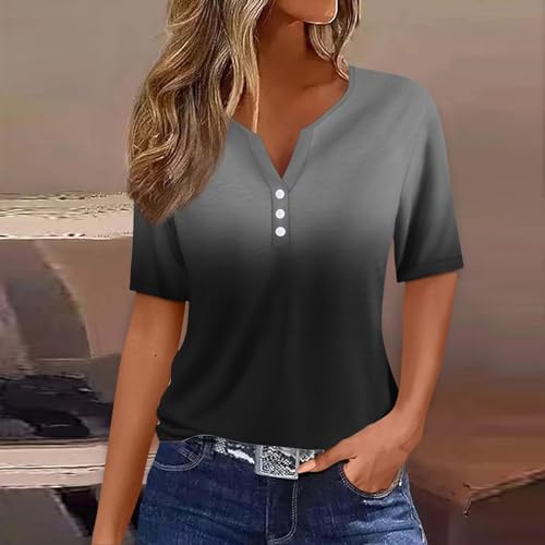 41trwfwuehl. ac .jpg Sommer Bequeme Damen Kurzärmel V-Ausschnitt Knopf T-Shirts Lässiges Elegant Farbverlaufs Print Business Tops | Damen Ku