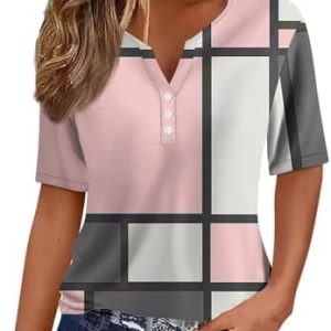 Sommer Bequeme Damen Kurzärmel V-Ausschnitt Knopf T-Shirts Lässiges Elegant Farbverlaufs Print Business Tops | Damen Ku