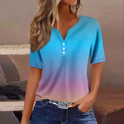 41ykvmfs5l. ac .jpg Sommer Bequeme Damen Kurzärmel V-Ausschnitt Knopf T-Shirts Lässiges Elegant Farbverlaufs Print Business Tops | Damen Ku