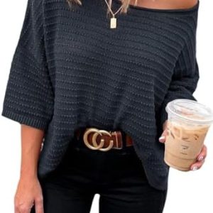 Cuptacc Damen Elegant 3/4 Ärmel Locker Strickpullover OEKO-TEX STANDARD 100 Rundhals Oberteil