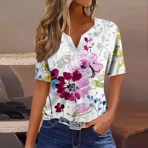 514mulz3vtl. ac .jpg Sommer Bequeme Damen Kurzärmel V-Ausschnitt Knopf T-Shirts Lässiges Elegant Farbverlaufs Print Business Tops | Damen Ku