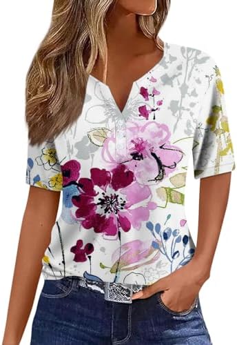 51kpne nxql. ac .jpg Sommer Bequeme Damen Kurzärmel V-Ausschnitt Knopf T-Shirts Lässiges Elegant Farbverlaufs Print Business Tops | Damen Ku