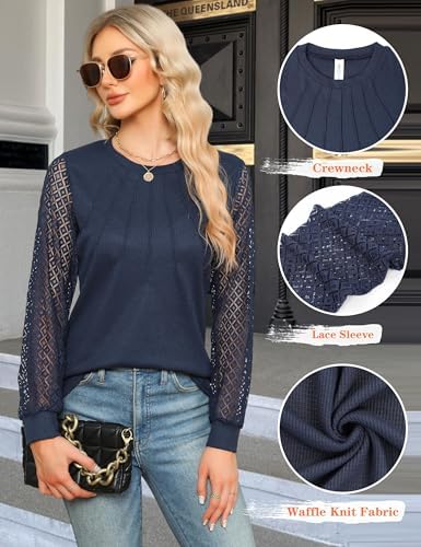 51m4imna9vl. ac .jpg Damen Langarmshirt Elegant Mit Spitze Herbst T-Shirt OEKO-TEX STANDARD 100 | Damen Long Sleeve Waffelstrick Top Plissie
