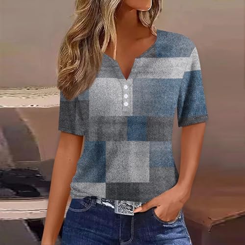 51wldnm56l. ac .jpg Sommer Bequeme Damen Kurzärmel V-Ausschnitt Knopf T-Shirts Lässiges Elegant Farbverlaufs Print Business Tops | Damen Ku