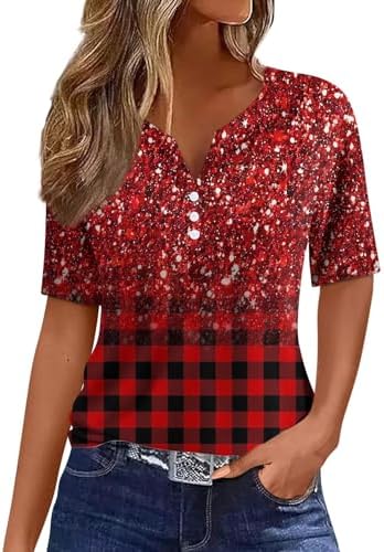 51rsovuz7l. ac .jpg Sommer Bequeme Damen Kurzärmel V-Ausschnitt Knopf T-Shirts Lässiges Elegant Farbverlaufs Print Business Tops | Damen Ku