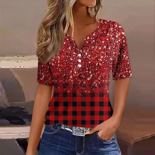 51x02co7ktl. ac .jpg Sommer Bequeme Damen Kurzärmel V-Ausschnitt Knopf T-Shirts Lässiges Elegant Farbverlaufs Print Business Tops | Damen Ku