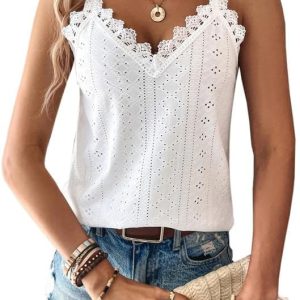 Haibang Tank Top Damen Elegant Sommer Oberteile V-Ausschnitt Locker Spitzentop Spaghetti Strap Halter Cami Top