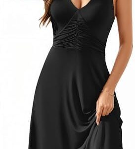 Timuspo Sommerkleid Damen V-Ausschnitt Strand Urlaub Neckholder ärmellos Blumenkleid mit Taschen knielang