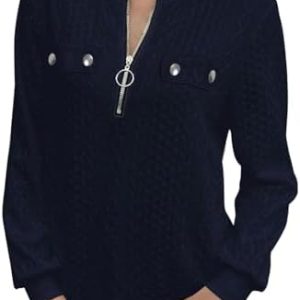 RLEHJN Oversize Sweatshirt Damen ohne Kapuze 1/4 Zip Pullover Regular Fit Einfarbig Strickpullover Hoody Regular Fit Lan