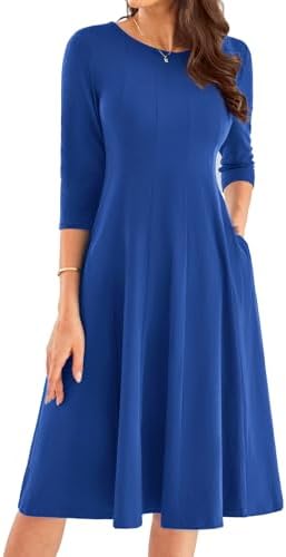 318m2o wsfl. ac .jpg GRACE KARIN Elegant Damen Rundhals Midikleider 3/4 Ärmel Freizeitkleid|Casual|Schlankende A-Linie