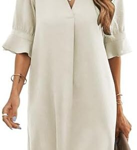 Famulily Elegant Sommerkleid Frauen V-Ausschnitt Halbarm Einfarbig Casual S-XXL