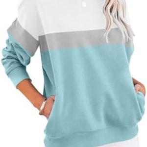 Cuptacc Damen Sweatshirt Elegant Farbblock Rundhals Sweatshirt OEKO-TEX STANDARD 100 Langarm Taschen T-Shirt