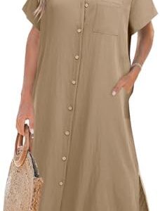 Zeagoo Damen Strandkleid Lange Blusenkleid V-Ausschnitt Kurzarm Sommer-Tunika mit Taschen