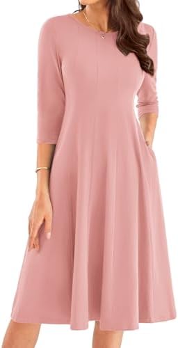 31encwwk5xl. ac .jpg GRACE KARIN Elegant Damen Rundhals Midikleider 3/4 Ärmel Freizeitkleid|Casual|Schlankende A-Linie