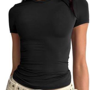 Cuptacc Einfarbiges Y2K T-Shirt für Damen OEKO-TEX STANDARD 100|Rundhals|Kurzarm|Basic Top|Y2K-Trend|Schlank.Make-Over|S