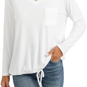 Enmain Damen Langarmshirt V-Ausschnitt mit Tasche und verstellbarem Kordelzug für Freizeit und Büro