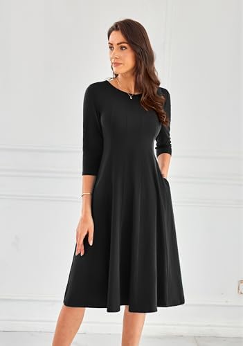 31jjnscu3ul. ac .jpg GRACE KARIN Elegant Damen Rundhals Midikleider 3/4 Ärmel Freizeitkleid|Casual|Schlankende A-Linie