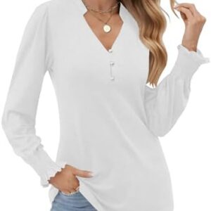 Cuptacc Elegant V-Ausschnitt Pullover Damen Herbst Puffärmel Langarmshirt Casual Business Tops OEKO-TEX STANDARD 100