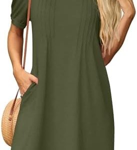 GRECERELLE Sommerkleid Damen Kurzarm V-Ausschnitt Leichte Freizeitkleid Strandkleid mit Taschen