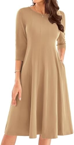 31w2m8tjrel. ac .jpg GRACE KARIN Elegant Damen Rundhals Midikleider 3/4 Ärmel Freizeitkleid|Casual|Schlankende A-Linie