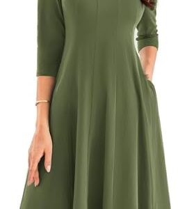 GRACE KARIN Elegant Damen Rundhals Midikleider 3/4 Ärmel Freizeitkleid|Casual|Schlankende A-Linie