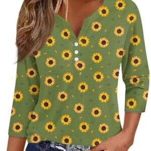 Generisch Sommer T-Shirt Damen Trendy Henley-V-Ausschnitt Blumen Button Down Tunika Blusen