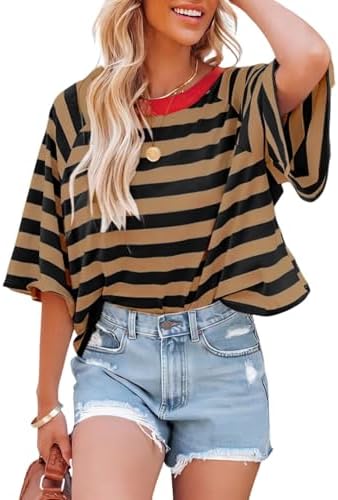 4109gmdxltl. ac .jpg Chicrise Oversize Gestreiftes Sommer T-Shirt Damen OEKO-TEX STANDARD 100 Kurze Rundhals Top