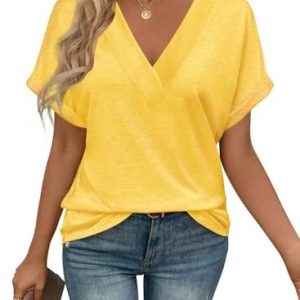 Cuptacc Sommer T-Shirts Damen Kurzarm V-Ausschnitt Elegant Basic Top OEKO-TEX