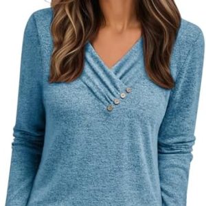 Cuptacc Elegant Pullover Damen Langarmshirt V Ausschnitt Knopfleiste Longsleeve Oversized Tunika