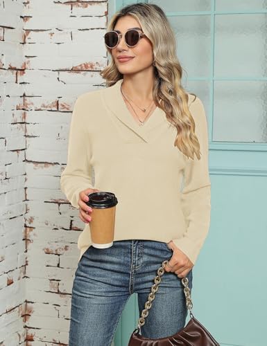 411mi4l5yhl. ac .jpg Cuptacc Damen Sweater Pullover Elegant Gestrickt V-Ausschnitt Langarm Kragen Einfarbig