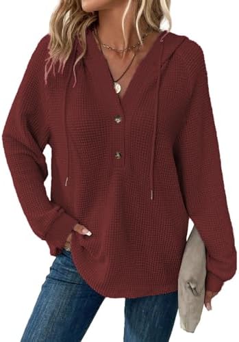 411e 1y81l. ac .jpg Cuptacc Hoodie Damen Waffel Locker Kapuzenpullover Mit Knopfleiste V-Ausschnitt Langarm Pullover Für Damen Mit Kapuze
