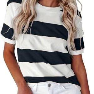 LOSSLO Damen Baumwolle Gestreiftes Sommer T-Shirt Elegant Tunika Mode Luftig Longshirt