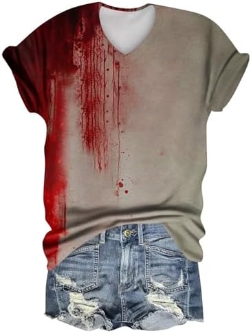 412radbjvcl. ac 1.jpg Generisch Halloween Damen Kurzarm Blutiges Witzig Trendy Blutspritzer Horror T-Shirts Kürbis-Fledermaus-Print Oberteil