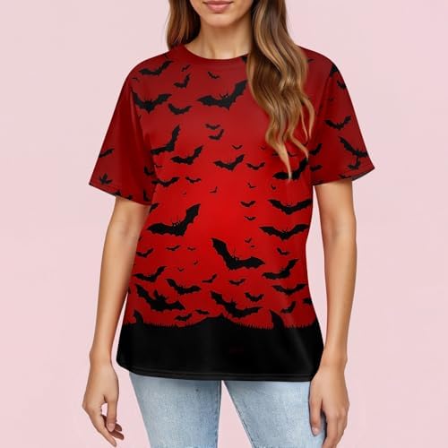 414nuexg6l. ac 1.jpg Generisch Halloween Damen Kurzarm Blutiges Witzig Trendy Blutspritzer Horror T-Shirts Kürbis-Fledermaus-Print Oberteil