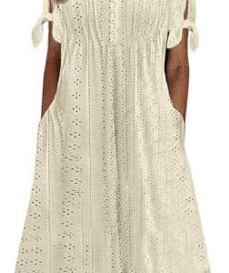 Yutdeng Sommerkleid Damen Maxi V Ausschnitt-lang Boho Strandkleid mit Taschen und Freizeitfunktion