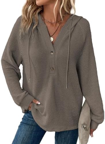 415elznvvzl. ac .jpg Cuptacc Hoodie Damen Waffel Locker Kapuzenpullover Mit Knopfleiste V-Ausschnitt Langarm Pullover Für Damen Mit Kapuze