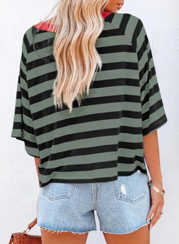 4164bjc6xll. ac .jpg Chicrise Oversize Gestreiftes Sommer T-Shirt Damen OEKO-TEX STANDARD 100 Kurze Rundhals Top