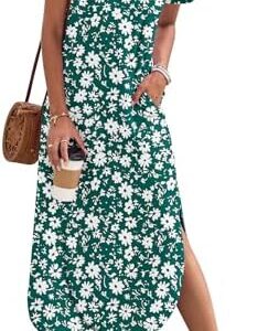 AUSELILY Damen Sommer Maxikleid Kurzarm V-Ausschnitt Lockeres Strandkleid mit Seitenschlitz für Urlaub.nnDamen Sommer Ma