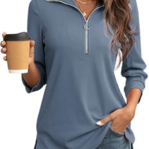 Cuptacc Damen Bluse V-Ausschnitt 3/4 Ärmel Half Zip Design OEKO-TEX STANDARD 100