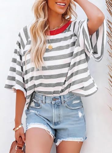 417esdv7pnl. ac .jpg Chicrise Oversize Gestreiftes Sommer T-Shirt Damen OEKO-TEX STANDARD 100 Kurze Rundhals Top