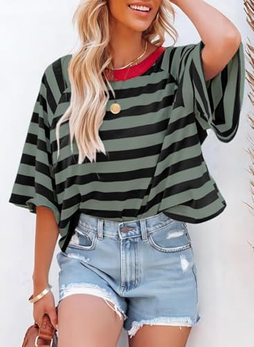 417yiaklk6l. ac .jpg Chicrise Oversize Gestreiftes Sommer T-Shirt Damen OEKO-TEX STANDARD 100 Kurze Rundhals Top