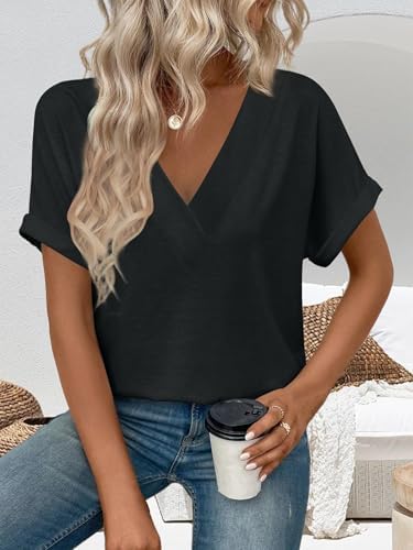 4185wnbfxol. ac .jpg Cuptacc Sommer T-Shirts Damen Kurzarm V-Ausschnitt Elegant Basic Top OEKO-TEX