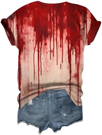 418umst3rsl. ac 1.jpg Generisch Halloween Damen Kurzarm Blutiges Witzig Trendy Blutspritzer Horror T-Shirts Kürbis-Fledermaus-Print Oberteil