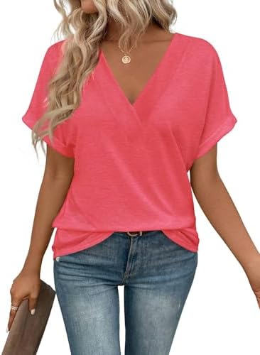 41aui8brtal. ac .jpg Cuptacc Sommer T-Shirts Damen Kurzarm V-Ausschnitt Elegant Basic Top OEKO-TEX