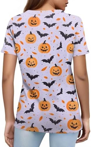 41azqprpyvl. ac 1.jpg Generisch Halloween Damen Kurzarm Blutiges Witzig Trendy Blutspritzer Horror T-Shirts Kürbis-Fledermaus-Print Oberteil