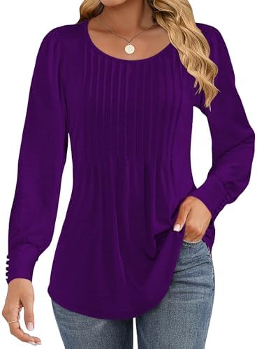 41b2tof4ltl. ac 1.jpg Cuptacc Damen Langarmshirt Falten Rundhals Puffärmel Mit Knöpfen Locker Longshirt Elegant Oberteile OEKO-TEX STANDARD 10